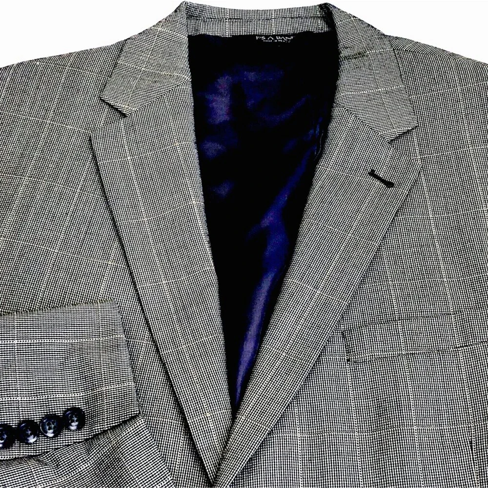 Jos A Bank Signature Sport Coat Silk Wool 44 L Plaid Windowpane Gray Career